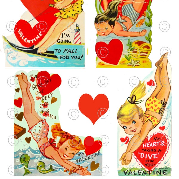 Vintage Valentines 1950's Bathing Beauties Diving and Water Skiing:  Digital Download 5 images.