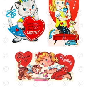 Dia dos Namorados vintage dos anos 50 com lindas garotas e gatinhos: Cat's Meow; Grau "A" Valentine e "Olá Valentine". Download digital de 4 imagens.