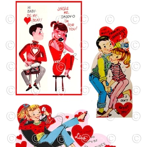 Vintage Valentines 1950, geschwungen Sock Hop Mädchen mit Pony Tails.  Download 4 Digitalbilder.