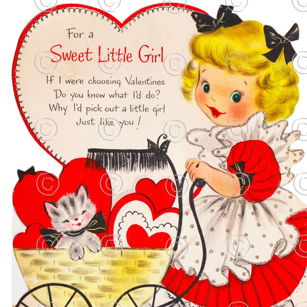 Vintage 1950's Valentine for a Sweet Little Girl.  Beautiful Blonde Girl Pushing her Kitten in a Carriage  *** Digital Download 1 images ***