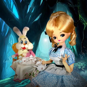 Stampa di alta qualità 8X10 con bambola personalizzata Bradley "Alice nel paese delle meraviglie" che fa un tea party con un coniglio bianco Dakin