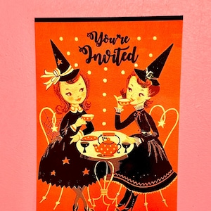Lot de 12 cartes d'invitation d'Halloween de style vintage 4 x 6 représentant une scène de « goûter aux sorcières ». Invitez vos amis !