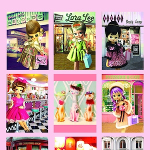 9 confezioni di cartoline 5X7 "Dolls Day Out" con bambole giapponesi vintage e simpatiche ceramiche nelle scene di shopping. Divertente da inviare e visualizzare!