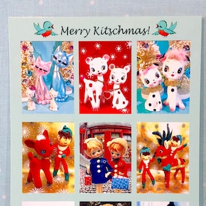 9 Confezione di cartoline 5X7 "Kitschmas" con bambole giapponesi vintage e simpatiche ceramiche nelle scene di Natale. Divertente da inviare e visualizzare!
