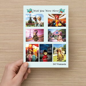 7 confezioni di cartoline 5X7 "Wish You Were Here" con bambole giapponesi vintage in posa in scene di viaggio. Divertente da inviare e visualizzare!