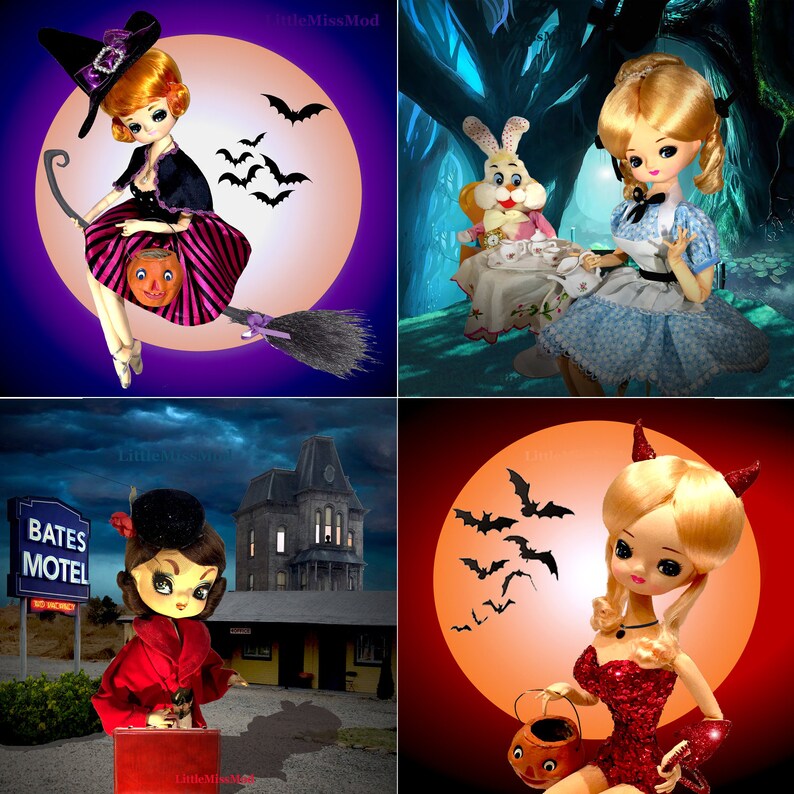 4 Pack of 4X6 Halloween Photo Greeting Cards featuring Vintage Japanese Pose Dolls Dressed up In Spooky Halloween Scenes.