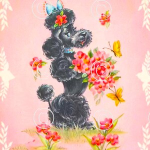 Cartão digital apresentando um caniche francês preto chique vintage segurando um buquê de flores cor de rosa. (Dois arquivos digitais de 300 dpi)