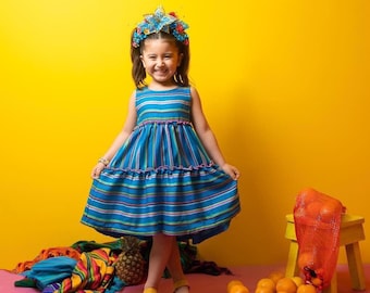 Fiesta mexican dress girls, colorful serape cinco de mayo dress, striped blue summer tiered dress, girls mexican outfit, taco twosday, mex