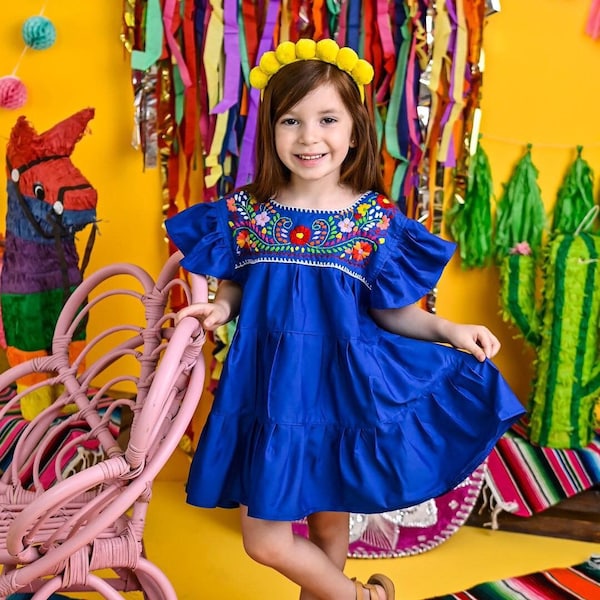 Electric blue ruffled dress for girls, boho hippie Mexican tunic, colorful embroidered flowers, Mexican party outfit, summer patio fashion