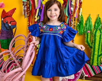 Electric blue ruffled dress for girls, boho hippie Mexican tunic, colorful embroidered flowers, Mexican party outfit, summer patio fashion