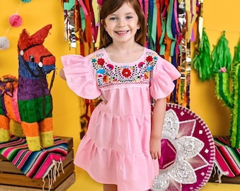 Baby pink ruffled dress for girls, Mexican fiesta dress, colorful floral embroidery, cinco de mayo, mini Frida chic fashion, Mexico vacation