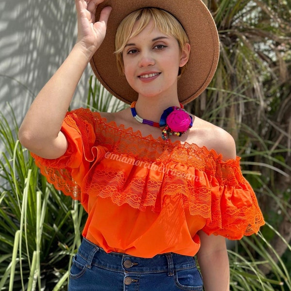 Y2K orange Mexican blouse, off the shoulder top with lace, boho hippie fashion, southwestern fiesta wear, tropical destination, Oaxaca vacay