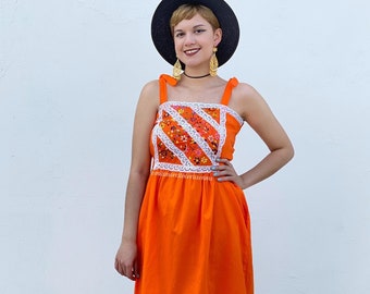 90s neon orange vintage mexican dress, multicoloured floral embroidery tie strap dress, feminine cotton sleeveless dress with pockets, lacey