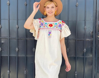 Embroidered mexican dress women, floral peasant tunic, fiesta themed party, mexican vacation, southwestern style, tex mex country sundress