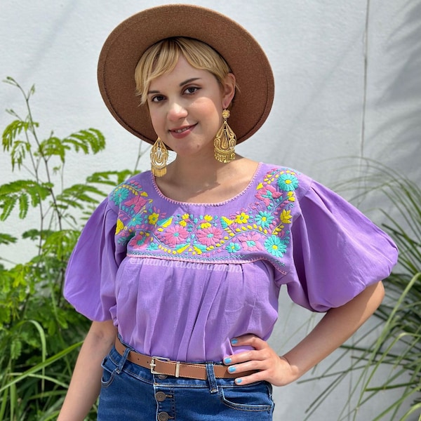 Lilac embroidered Mexican blouse, multicolor floral embroidery, puff sleeves top, maximalist boho fashion, Mexico vacation, resort wear