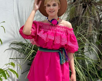 Vtg hot pink Mexican blouse dress, off the shoulder boho top, oversize blouse with lace, Mexican birthday outfit, Cinco de Mayo, Fiesta wear