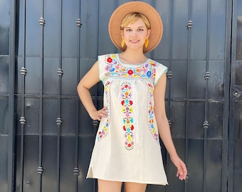 Floral mexican dress for women, short sleeve embroidered tunic, Beige muslin summer dress, pastel coloured flowers, hispanic party theme