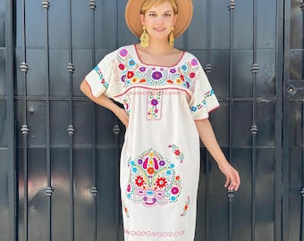 2X Colorful hand embroidered dress, cotton mexican dress, womens sundress, mexican puebla dress, summer dress, beach dress, cruise wear