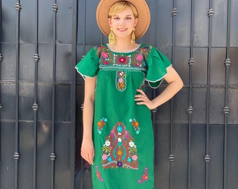 Floral embroidery artisanal mexican dress, GREEN bohemian kaftan, mexican wedding guest outfit, south american resort wear, grandmacore