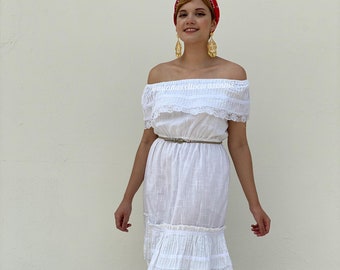 Off white vintage boho mexican dress women, pintucked dress, bohemian civil wedding dress, ruffled dress, cotton, 70s style slip dress