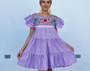 Purple and white gingham sundress, checkered Mexican patio dress, layered tunic, Puebla ruffled dress, sayulita vacation, fiesta outfit