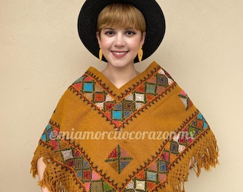 Mustard embroidered poncho cape, ethnic cape coat, mexican colorful poncho, cross stitch flowers, floral embroidery, boho hippie shawl, mex