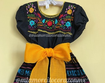 Floral embroidery mexican dress girls, black mexican blouse, serape midi skirt, mexican girls outfit, hispanic heritage, cambaya skirt