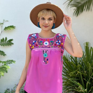 Hopbush Pink Mexican blouse womens, embroidered flowers, bohemian sayulita outfit, Puebla shirt, fiesta fashion, ethnic maximalist look