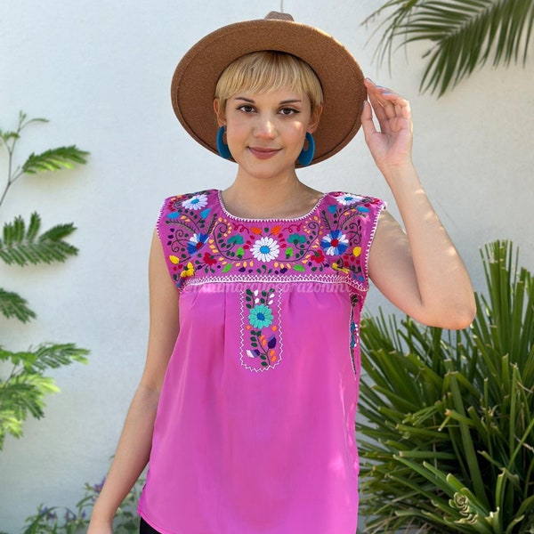 Hopbush Pink mexikanische Bluse Frauen, bestickte Blumen, Boho Sayulita Outfit, Puebla Shirt, Fiesta Mode, ethnischer maximalistischer Look