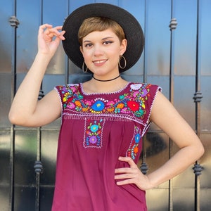 Burgundy embroidered mexican shirt, fiesta outfit women, old spanish days, traditional puebla blouse, mexico blouse, latina floral blouse