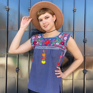 Blue polka dot blouse shirt women, floral embroidered cotton blouse, mexican blouse women, island destination, birthday gift for her, fiesta