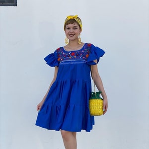 Old Spanish Days Embroidered Sundress, Senorita Tiered Dress, Floral  Embroidery Mexican Dress Women, Ruffled Mini Skirt, Blue Summer Dress - Etsy