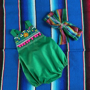 Baby girls mexican embroidered romper, floral green jumpsuit, first birthday outfit, taco twosday cake smash, cinco de mayo baby, pom poms
