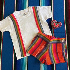 Neon orange taco twosday Mexican baby boy outfit, striped serape boy shorts, ethnic cotton short sleeve boys t shirt, first fiesta birthday