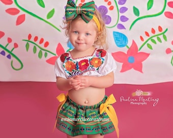 Baby girls serape skirted bloomers, mexican embroidered croptop, diaper cover, fiesta outfit, first birthday, cinco de mayo, cambaya, taco