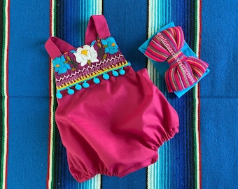 Baby girls mexican embroidered romper, floral burgundy jumpsuit, first birthday outfit, taco twosday cake smash, cinco de mayo baby, coco