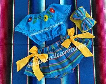 Baby girls serape skirted bloomers, mexican crop top, fiesta outfit, embroidered blouse, skirted bummies, cinco de mayo first birthday, coco
