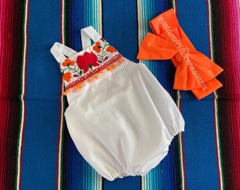 Off white fiesta embroidered romper, multicolor floral embroidery, baby girls mexican romper, embroidered sunsuit, summer sunsuit, tex mex