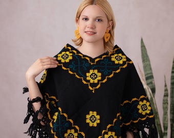 Black Hand-Woven Mexican Poncho, Colorful Cross-Stitch Embroidery, Boho Ethnic Wrap