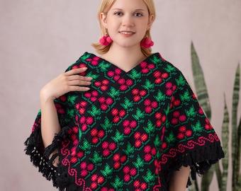 Poncho mexicano bordado a mano, cerezas negras y rosas, chal étnico bohemio, capa tex-mex