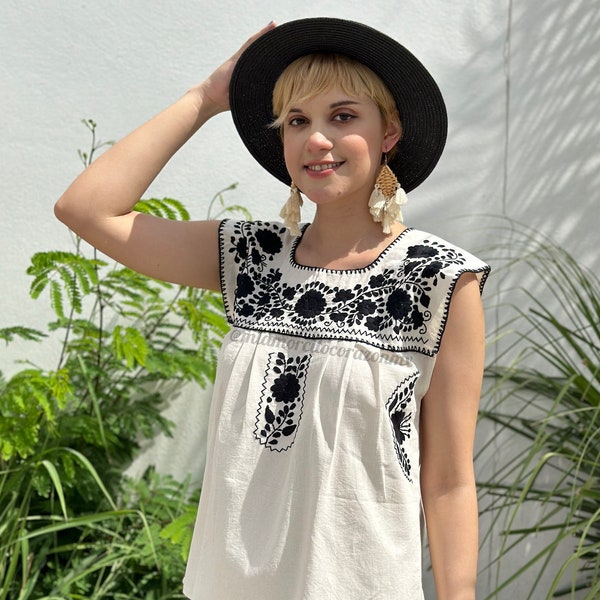 Hand embroidered floral Mexican sleeveless top, muslin summer blouse, black floral embroidery, San Antonio fiesta wear, boho hippie fashion