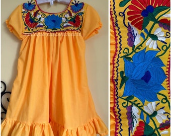 YELLOW Mexican dress for girls, floral embroidery, summer ruffled sundress, blue red and white flowers, fiesta birthday outfit, 5 de Mayo