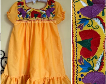 Embroidered fiesta dress for girls, yellow Mexican sundress, floral embroidery tunic, cinco de mayo, maximalist boho hippie Mexico fashion