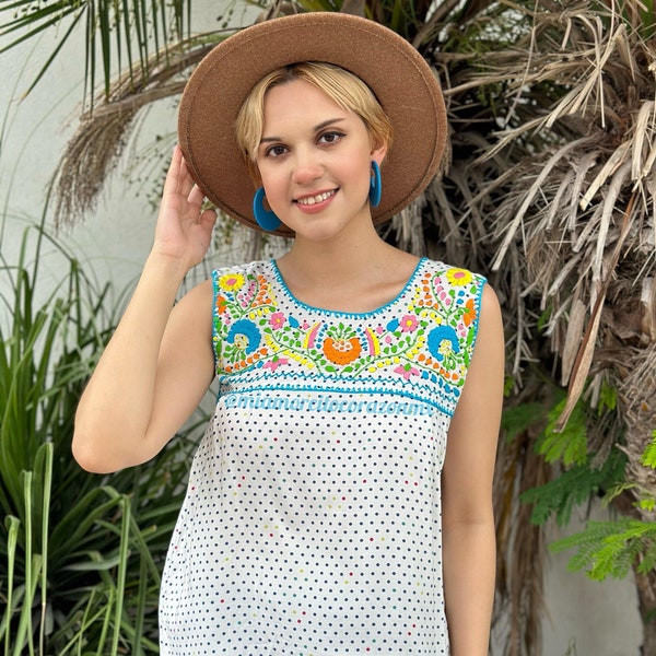 Colorful floral embroidery mexican blouse women, cotton sleeveless polka dot summer top, puebla mexican blouse, embroidered mexico shirt