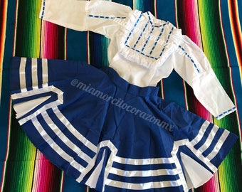 Koningsblauwe Nuevo Leon-jurk, Mexicaanse folkloristische outfit, Mexicaanse polkadans, folkloristische outfit, folkloristisch ballet, traditionele mty-jurk