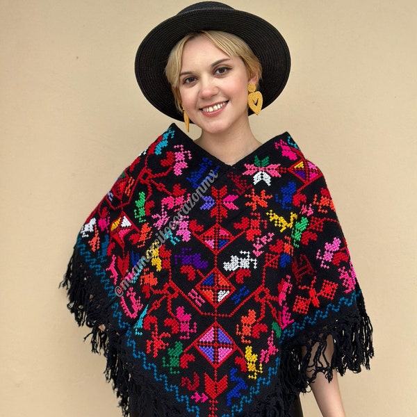 Handwoven hippie poncho, southwestern textile, embroidered cape, mexican shawl, evening wrap, maximalist boho chic poncho, ethnic overcoat