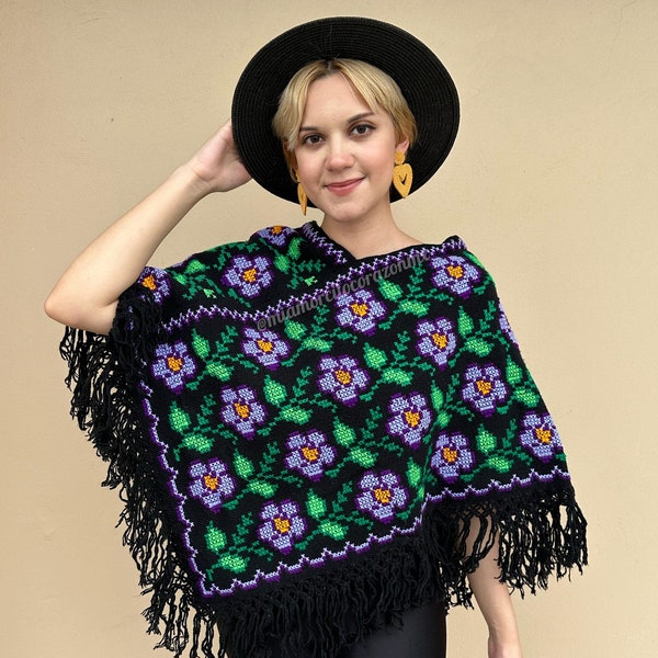 Floral embroidery Mexican poncho, black purple embroidered shawl, southwestern style cape, winter cover up, Puebla quexquemetl evening wrap