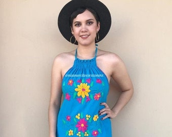 embroidered halter dress, mexican halter dress, floral embroidered dress, summer dress, tropical vacation, beach party, mexican party, coco