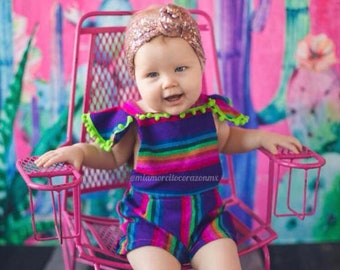 Mexican fiesta baby jumpsuit, first fiesta outfit, pom poms girls jumpsuit, cinco de mayo, mexican theme party, serape romper, taco twosday