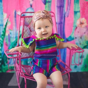 Mexican fiesta baby jumpsuit, first fiesta outfit, pom poms girls jumpsuit, cinco de mayo, mexican theme party, serape romper, taco twosday